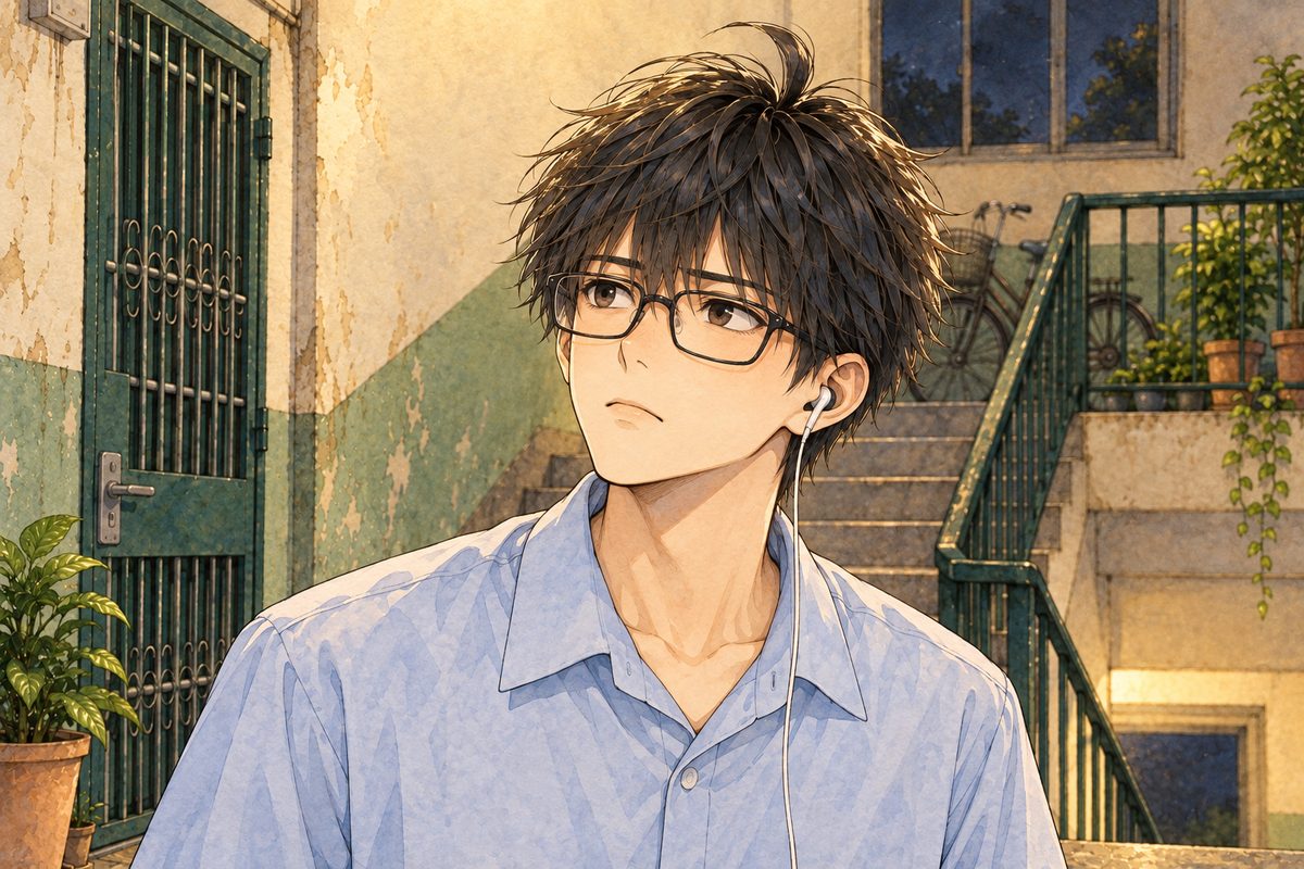Night, the warm landing bulb. Haoran looks up and to the LEFT at Xiaoyu off panel, serious now. His face in the upper middle of the panel. His shirt below is the quiet area.
