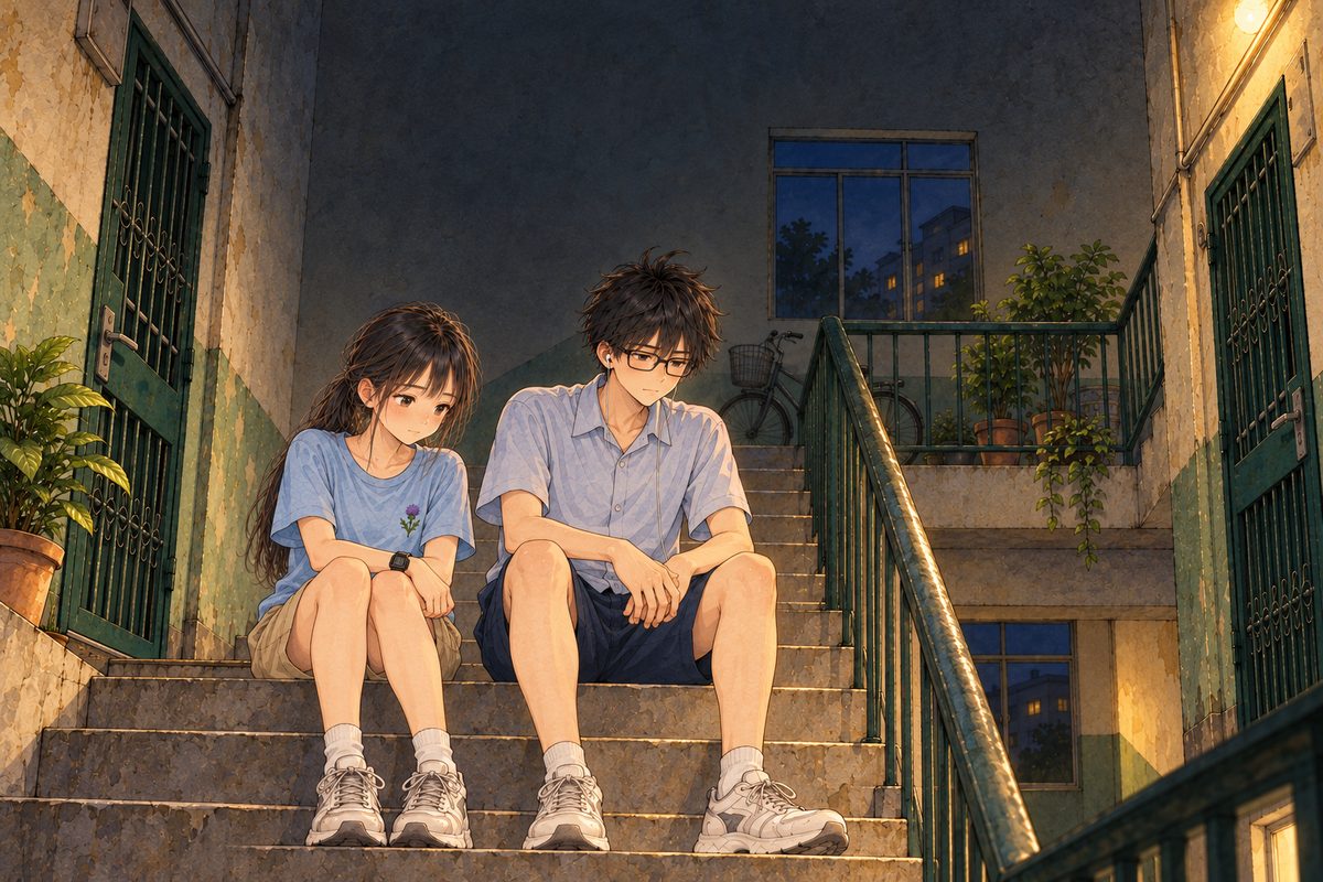 Night, the warm landing bulb. Xiaoyu on the LEFT and Haoran on the RIGHT sit side by side on the stairs, quieter now, both looking down the stairs. Two faces in the lower middle of the panel. The dark wall above is the quiet area for the box.