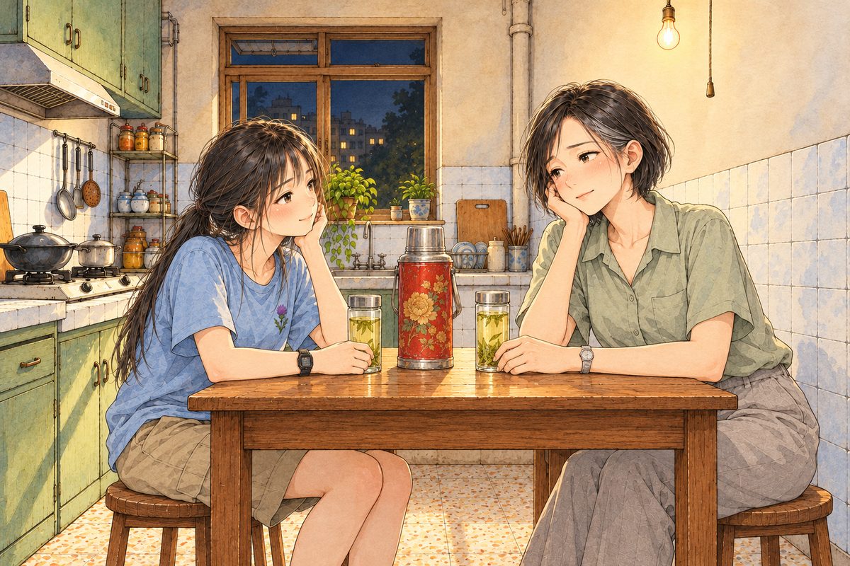 Eleven at night, the bare kitchen bulb, tea glasses on the small wooden table. Xiaoyu sits on the LEFT and Mama on the RIGHT, a small tired smile on both. Two faces in the middle band. The wall above is the quiet area.