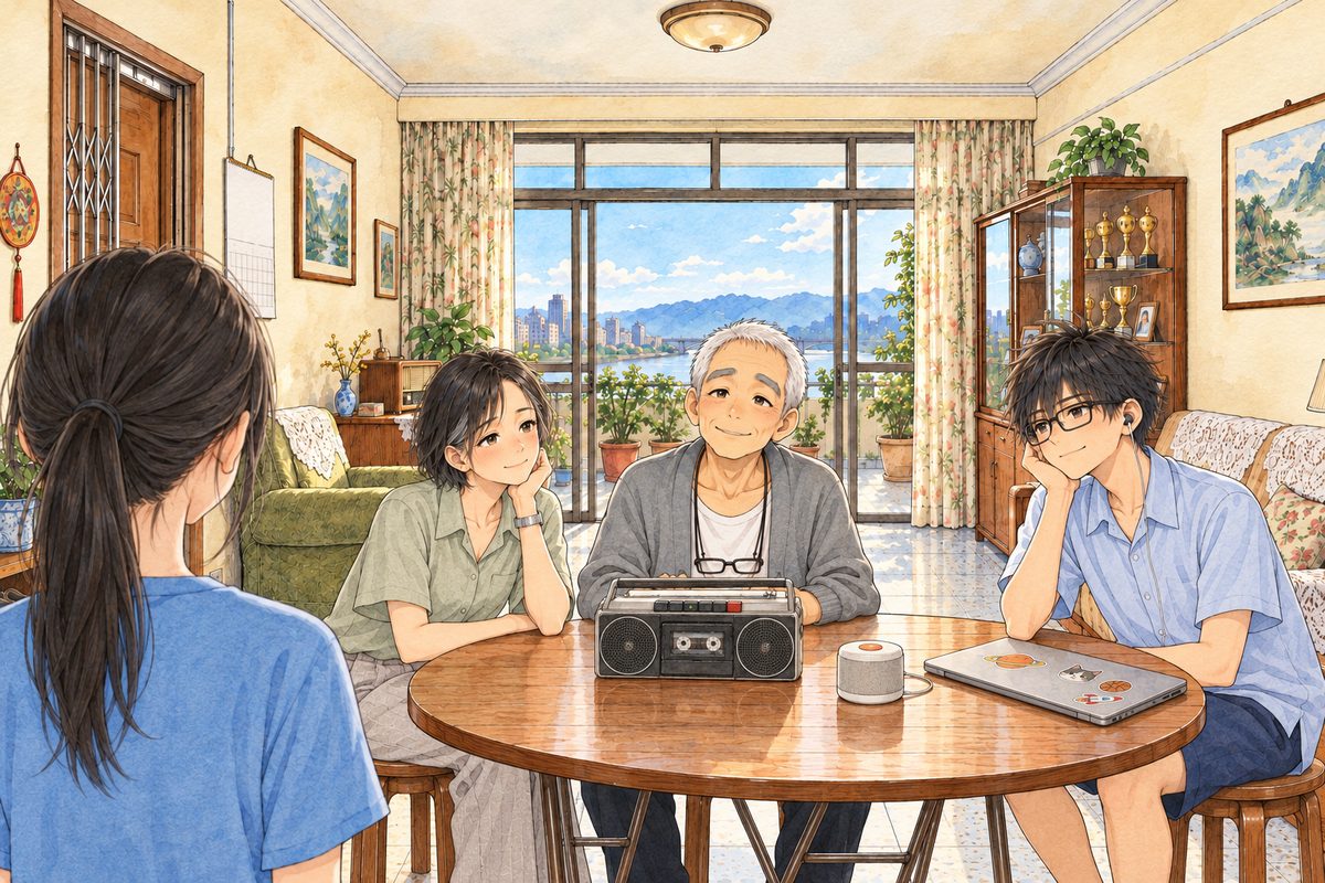 Saturday morning, nine o'clock, clear light. At the round folding table, Grandpa sits at the far side in the middle with the silver tape player in front of him, Lantern dull and off at the table's edge. Mama sits at the LEFT, Haoran at the RIGHT with his closed laptop in front of him. Xiaoyu stands in the LEFT foreground with her back to us, only her ponytail showing, no face. Three faces in the middle band. The ceiling above is the quiet area.