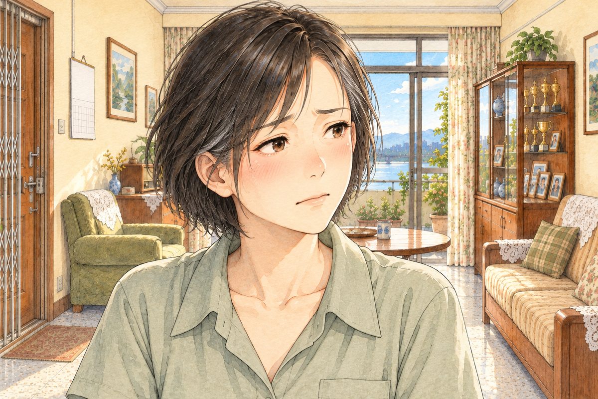 Morning light. Mama, close, lips pressed together, listening, looking RIGHT. Her face in the middle of the panel. Her blouse below is the quiet area.