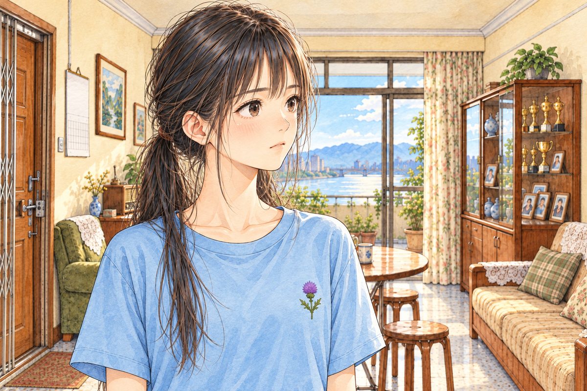 Morning light. Xiaoyu stands steady, looking RIGHT at Haoran off panel. Her face in the middle of the panel. Her t-shirt below is the quiet area.