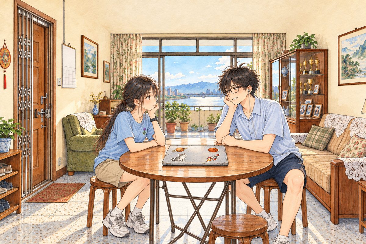 Morning light. Xiaoyu on the LEFT and Haoran on the RIGHT face each other across the corner of the round table, the closed laptop on the table between them. Two faces in the middle band. The wall above is the quiet area.