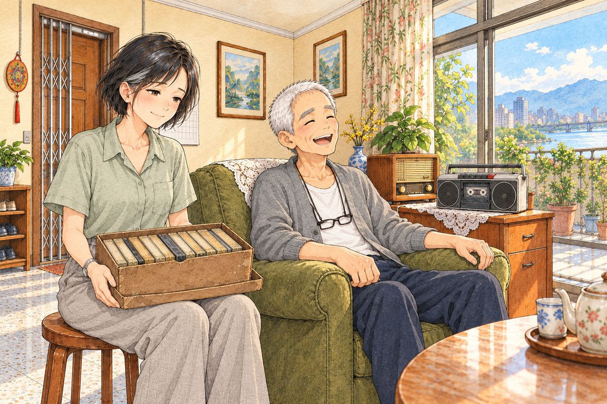 Morning light. Mama on the LEFT holds the shoebox of real tapes on her lap in both hands, the moment after Xiaoyu handed it to her. She has put the real old tape into the player. Grandpa on the RIGHT, by the player, laughs with his eyes shut, because Meilan is singing flat. Two faces in the middle band. The ceiling above is the quiet area.