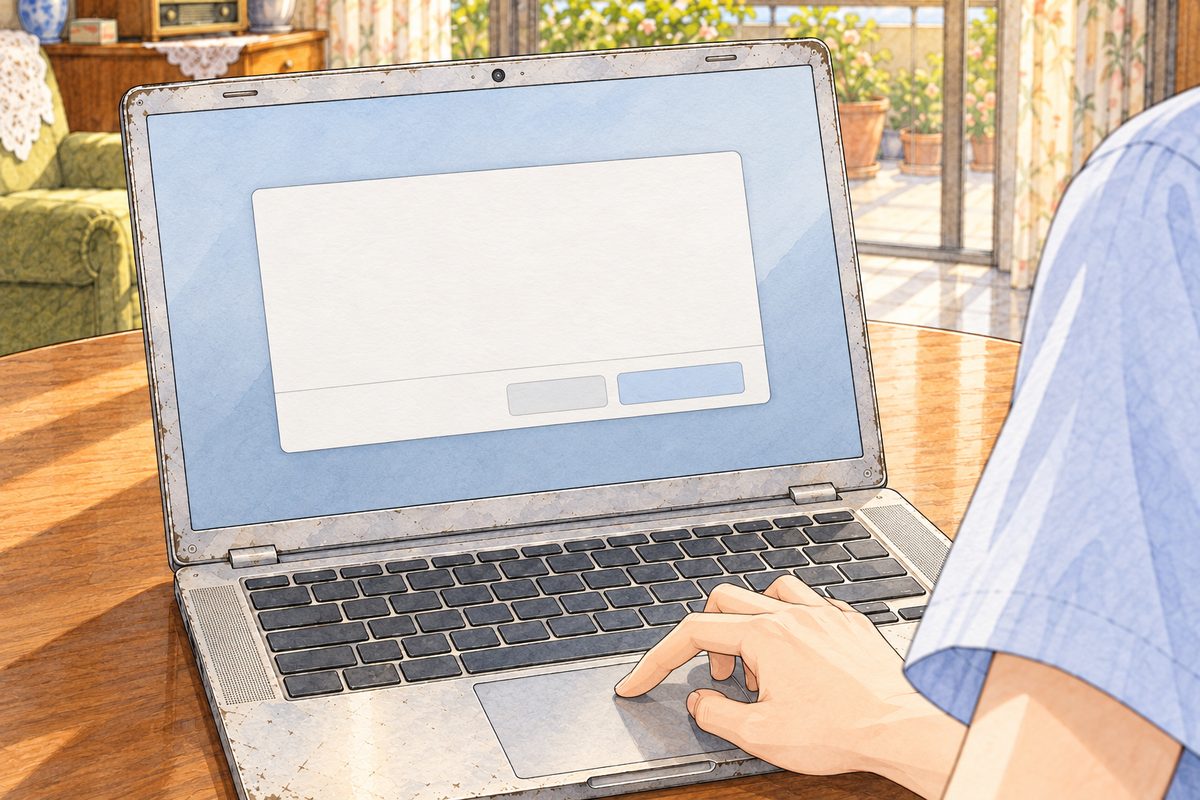 Morning light. Over Haoran's RIGHT shoulder, the laptop screen fills the panel, a plain delete dialog on it, and at the bottom edge his RIGHT forefinger rests on the trackpad, his pale blue shirt cuff above. The dialog is painted BLANK; the words are lettered in afterwards. No face. The screen's pale border around is quiet.