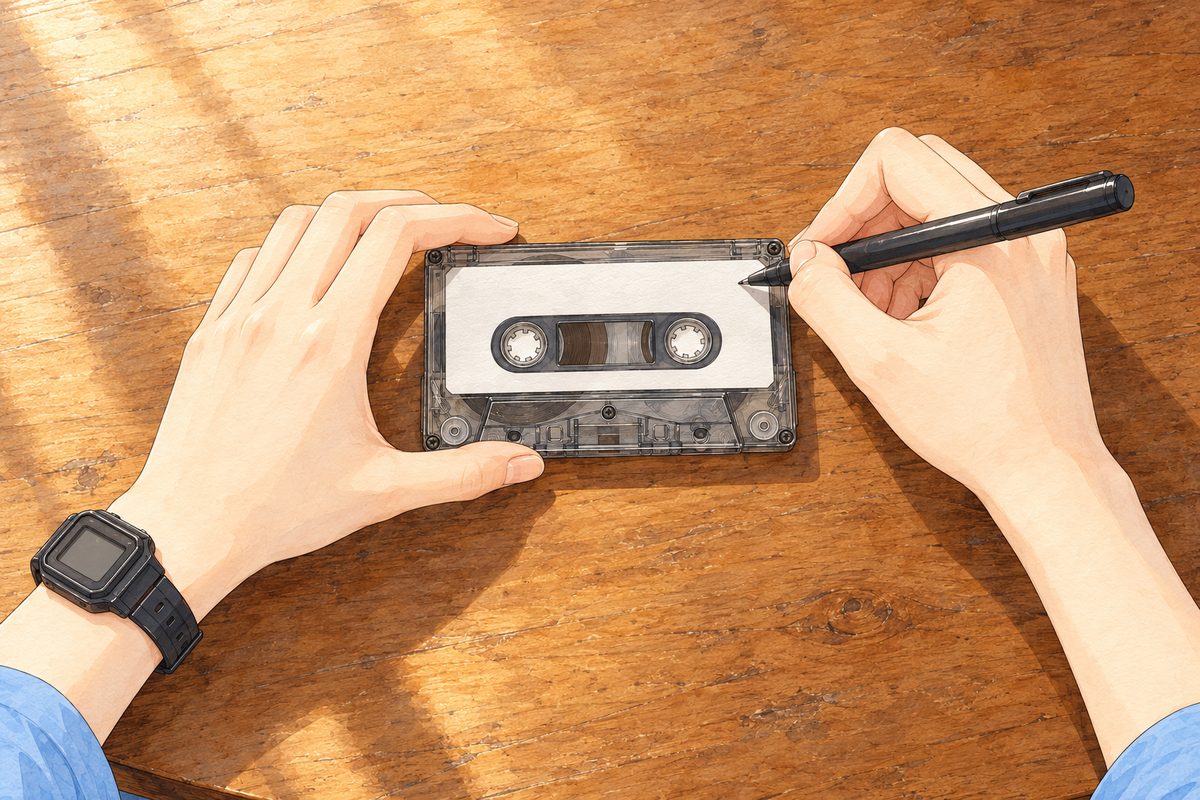 Morning light. Seen from above: the smoky clear cassette lies flat on the table, Xiaoyu's LEFT hand holding it still, her black watch on that wrist, her RIGHT hand writing on its white paper label with a black pen. The label is painted BLANK; the words are lettered in afterwards. No face. The tabletop around is quiet.