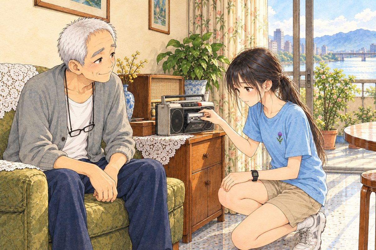Morning light. Xiaoyu on the RIGHT tucks the labelled cassette into the tape player's open cassette door with her RIGHT hand; Grandpa on the LEFT watches, pleased. Two faces in the middle band. The table below is the quiet area.