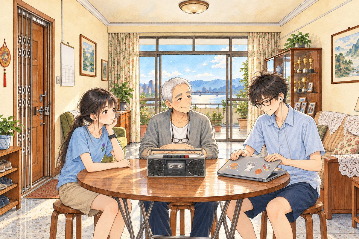 Morning light, calm. At the round table, Grandpa sits at the far side in the middle with the tape player before him, Xiaoyu on the LEFT, Haoran on the RIGHT closing his laptop with both hands. Three faces in the lower middle of the panel. The wall above is the quiet area for the box.