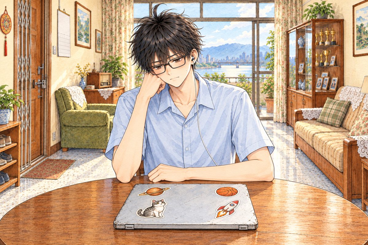 Morning light. Haoran sits alone at the round table, looking down at the closed laptop, unreadable. His face in the upper middle of the panel. His shirt below is the quiet area.