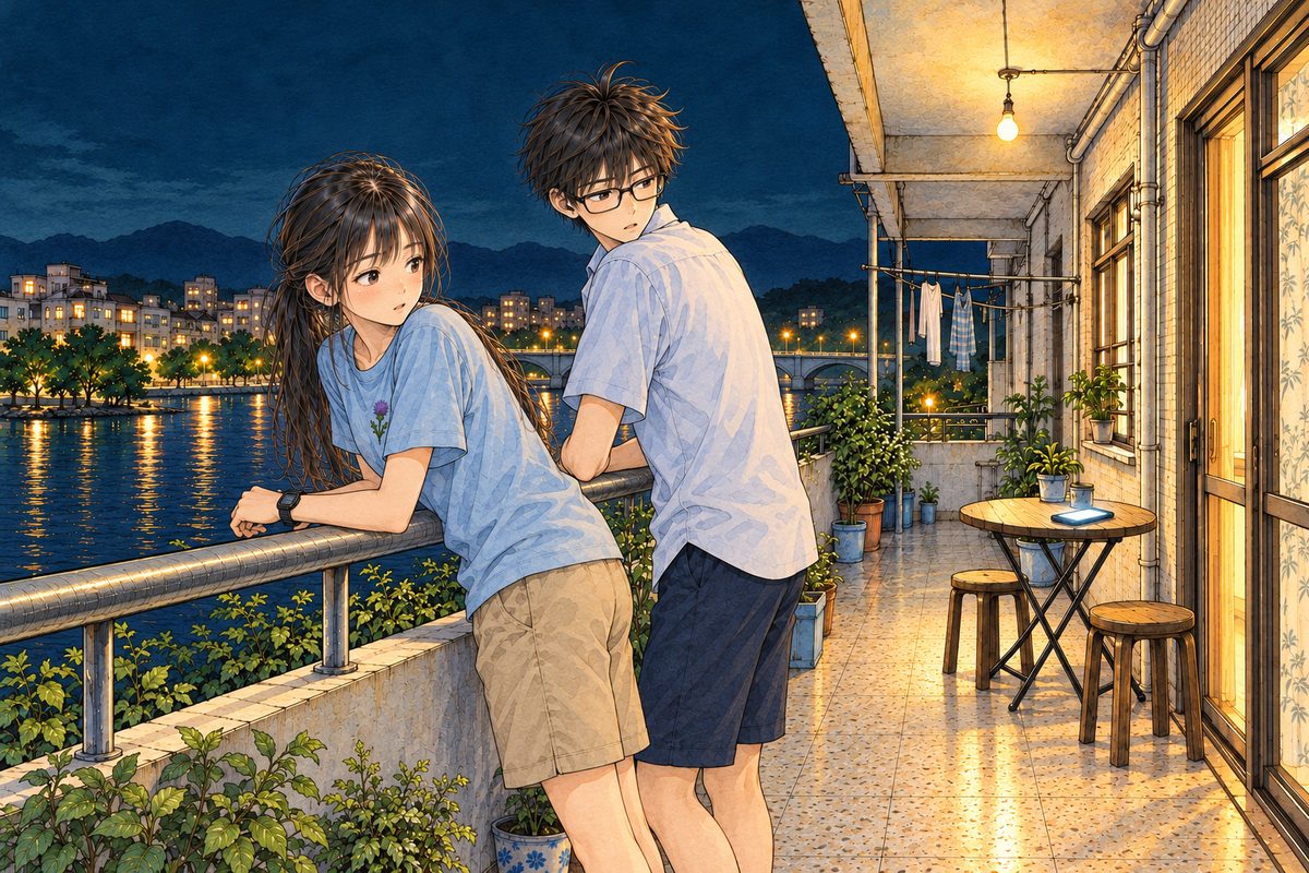 Saturday night, ten o'clock, the bare bulb on, the dark river below with a few warm lights, no stars. Xiaoyu on the LEFT and Haoran on the RIGHT lean on the rail side by side, looking out; his plain black phone lies on the folding table behind them and lights up. Both turn their heads towards it. Two faces in the middle band. The dark sky above is the quiet area.