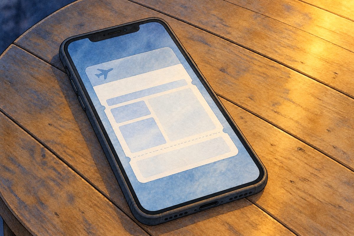Night, the bare bulb's light at the edge. Haoran's plain black phone lies on the folding table, its screen showing a boarding pass. The boarding pass is painted BLANK; the words are lettered in afterwards. No faces, no hands. The tabletop around is quiet.