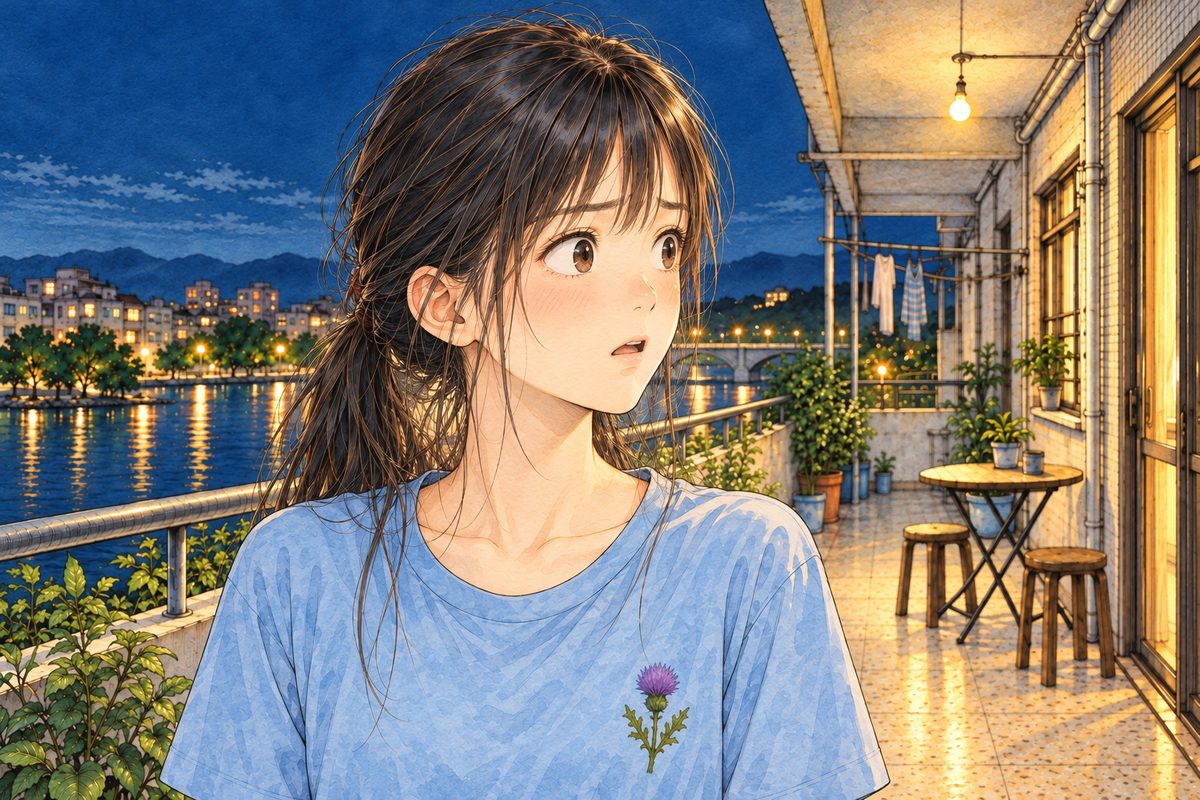 Night, bulb light. Xiaoyu looks RIGHT at Haoran off panel, shocked. Her face in the middle of the panel. Her t-shirt below is the quiet area.