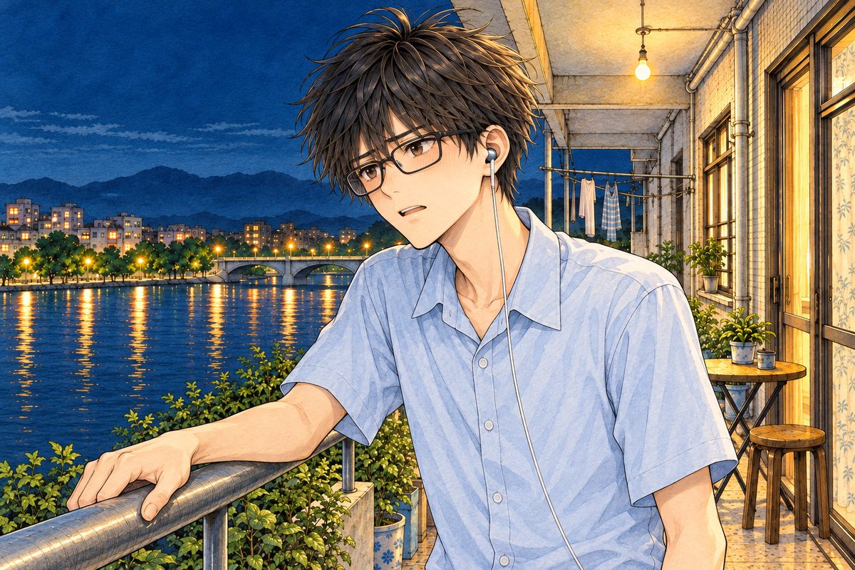 Night, bulb light. Haoran looks LEFT at Xiaoyu off panel, pleading, his RIGHT hand on the rail, so we see his LEFT ear with the one white earbud in it. His face in the upper middle of the panel. His shirt below is the quiet area.