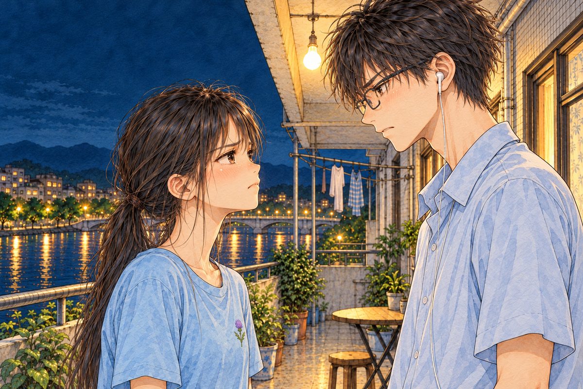 Night, the bare bulb between them. Xiaoyu on the LEFT and Haoran on the RIGHT stand face to face, close, both angry and hurt. Two faces in the middle band. The dark sky above is the quiet area.