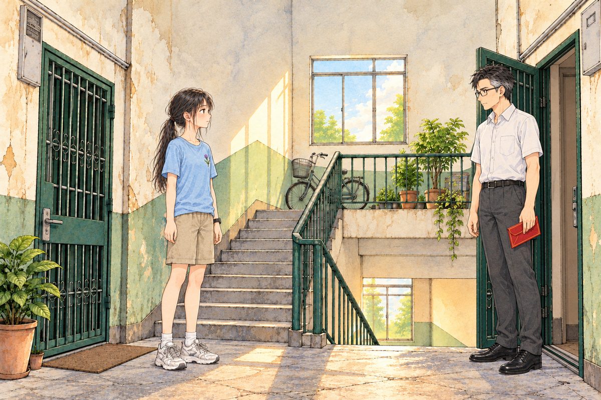 Sunday morning, seven o'clock, light from the high window. Xiaoyu stands on the landing on the LEFT, her hand just dropping from knocking. Mr Chen stands in his family's open doorway on the RIGHT (their door is the right-hand one), in his white short-sleeved shirt, the sealed red envelope in his LEFT hand at his side. Two faces in the middle band. The wall above is the quiet area.