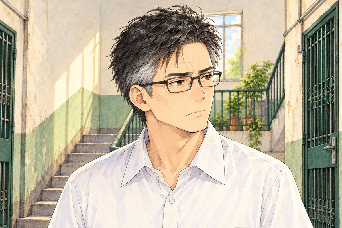 Morning light. Mr Chen looks away to the RIGHT, tired, his mouth tight. His face in the middle of the panel. His white shirt below is the quiet area.