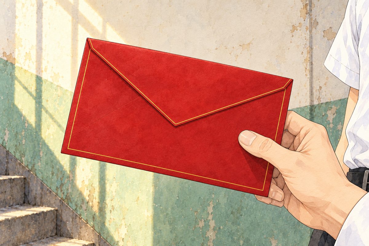Morning light. Close on the big sealed red envelope held in Mr Chen's hand, his white shirt cuff above. The envelope is blank, unopened, nothing written on it. No face. The pale wall around is quiet.