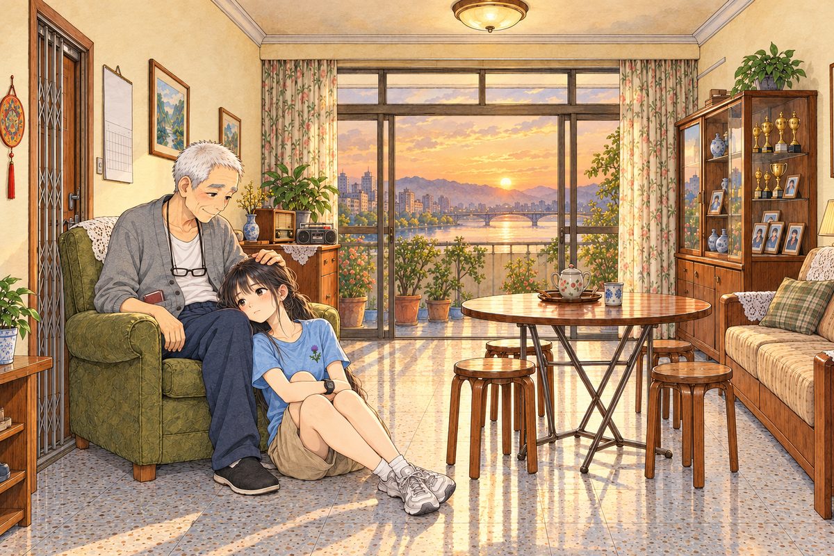 Sunday evening, half past six, gold dusk through the balcony glass, the lamp just on. Grandpa sits in the olive armchair on the LEFT in his grey cardigan. Xiaoyu sits on the floor on the RIGHT, her head resting against his knee, his hand on her hair. The people are solid and opaque; reflections only on empty glass. Two faces in the middle band. The dim wall above is the quiet area.