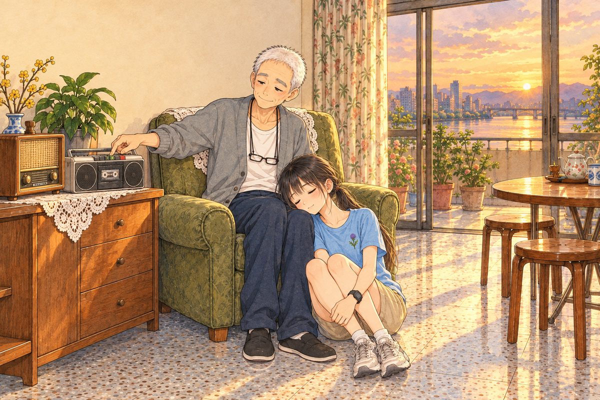 Gold dusk, the lamp on. The same two, a little wider: Grandpa on the LEFT reaches with his other hand, the RIGHT, to press PLAY on the tape player on the side table; Xiaoyu on the RIGHT rests against his knee with her eyes closed. Two faces in the lower middle of the panel. The wall above is the quiet area.