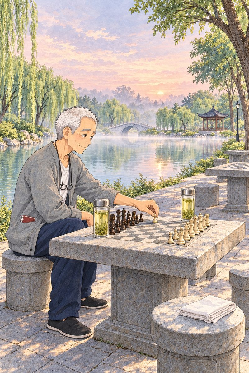 First light, a quarter past five, pink-grey mist on the lake, the willow fronds hanging still. Grandpa Chen in his grey cardigan sits on his round stone stool on the LEFT, side-on and facing RIGHT, setting a cream pawn onto Wu's side of the carved chessboard with his RIGHT hand. The square pale-grey stone table has an 8 by 8 chessboard carved into its top, its squares two shades of grey stone; the dark brown pieces stand on Grandpa's side, the cream pieces on Wu's side, with one cream pawn still to go. On the stone stool at the RIGHT, facing him, lies a folded square of white cloth. Two tall glasses of pale green tea stand on the table, the far one full and untouched. The people are solid and opaque. His face is three-quarter, in the middle band. The misty willow and sky above is the quiet area for the title. No other people, no writing.