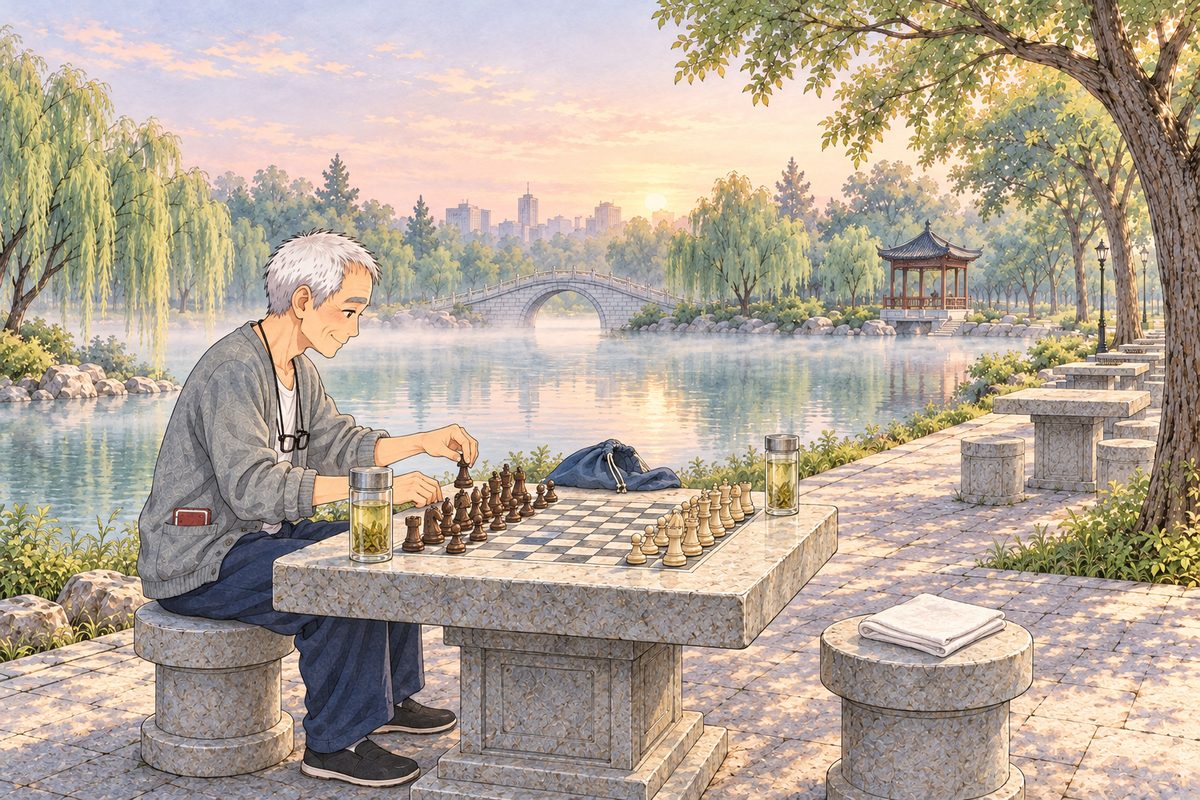 Saturday 23 July, twenty past five in the morning, mist on the lake, pale pink light, nobody else on the path. Wide on the stone table with the chessboard carved into its top. Grandpa in his grey cardigan sits on his stool on the LEFT, side-on and facing RIGHT, setting out the pieces. The faded blue cloth chess bag lies slack and empty on the stone beside the board. On the stool at the RIGHT, facing him, a folded white cloth. Two glasses of tea poured. The other stone tables along the path show only their carved boards, bare, with no pieces and no people. One small face in the middle band; the misty willow above is the quiet area.