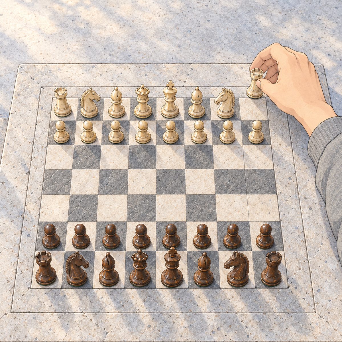 Same dawn, soft misty light. Close from above: Grandpa's RIGHT hand sets the last cream piece onto Wu's side of the carved board, his grey cardigan cuff above the hand. A smooth simple manga hand, no veins, no wrinkles. The two rows of pieces face each other, dark brown on his side, cream on the far side. No face. The grey stone around the board is quiet.