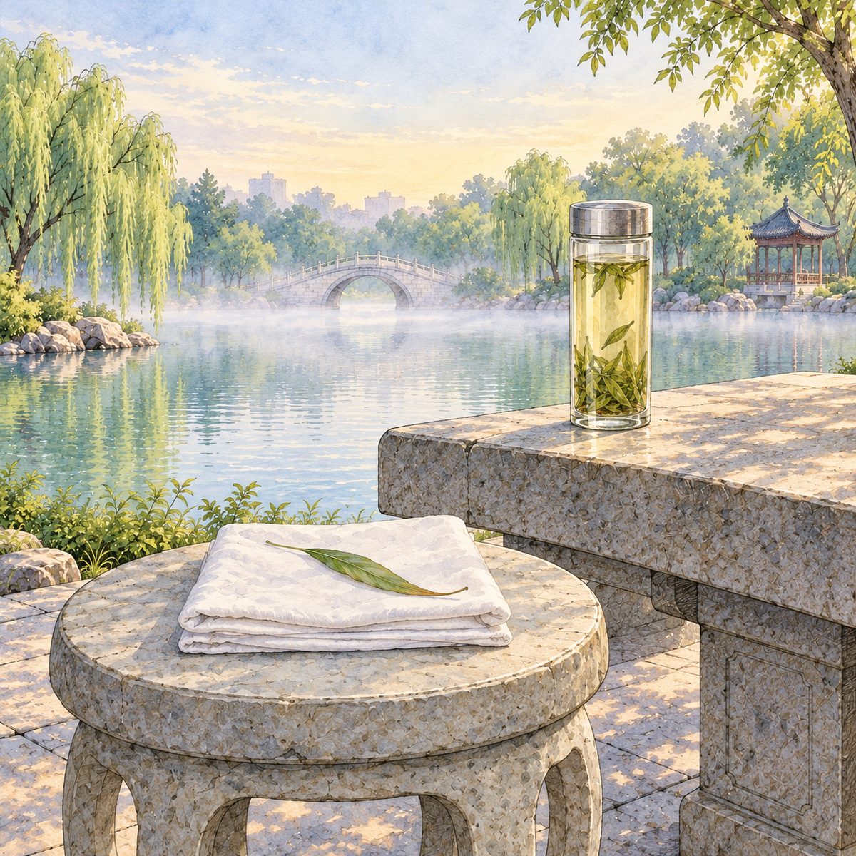 Same dawn. Close and low: the round stone stool on Wu's side with the folded square of white cloth on it, one fallen willow leaf lying on the cloth; above it at the table edge, a tall glass of pale green tea, full and untouched. No person, no face, no line. The soft mist behind is quiet.