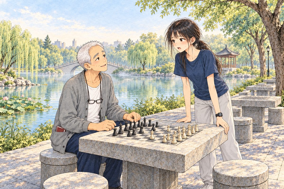 Same dawn. Xiaoyu has just come up the lake path on the RIGHT, out of breath, hair coming loose from her low ponytail, in her navy t-shirt, grey trousers and white trainers, one hand on the corner of the stone table. Grandpa sits on his stool on the LEFT, turned to the RIGHT, looking up at her, pleased and puzzled; his red notebook shows in his near pocket. Two faces in the middle band; the mist above is the quiet area.