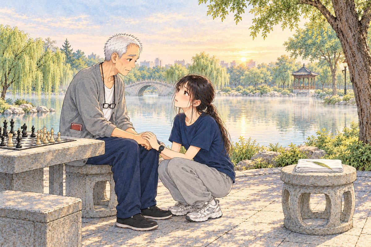 Same dawn, mist. Xiaoyu crouches beside Grandpa's stool on its RIGHT side, holding his RIGHT hand in both of hers; Grandpa sits side-on facing RIGHT and looks down at her. Wu's stool with the folded white cloth stands at the far RIGHT. Two faces in the middle band; the mist above is the quiet area.