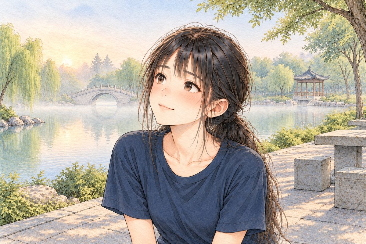 Same dawn, soft light. Close on Xiaoyu, kneeling, looking up and LEFT at Grandpa off panel, gentle. Her face in the middle of the panel. The pale mist behind is the quiet area.