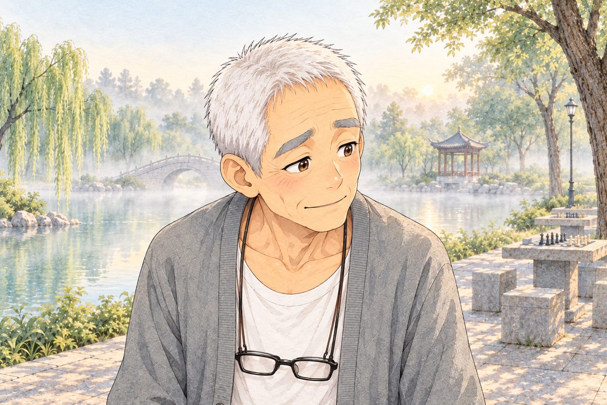 Same dawn. Close on Grandpa, looking down and RIGHT at Xiaoyu off panel, half a smile, not believing. His face in the middle of the panel; the mist behind is the quiet area.