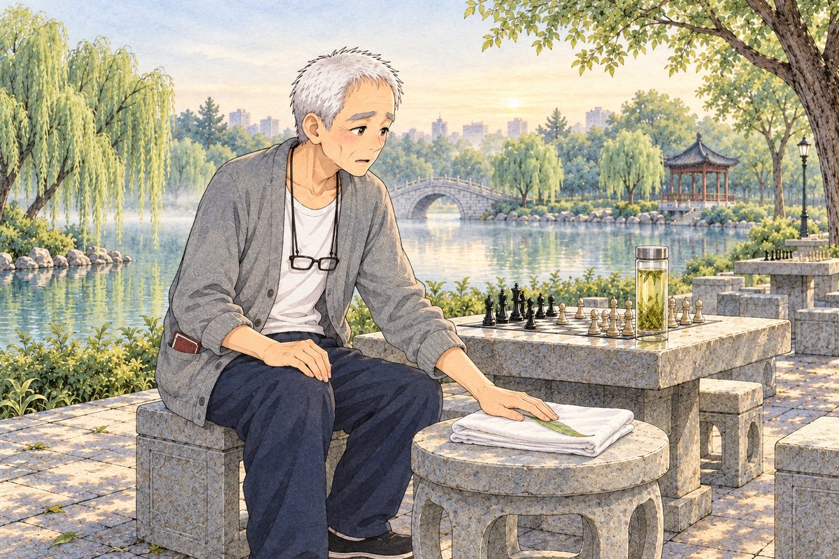 Same dawn. Grandpa has turned to the RIGHT towards Wu's stool; his RIGHT hand rests flat on the folded white cloth; his face changes as he understands. The full glass of tea stands above his hand at the table edge. One face, three-quarter, in the middle band. No line. The mist above is quiet.