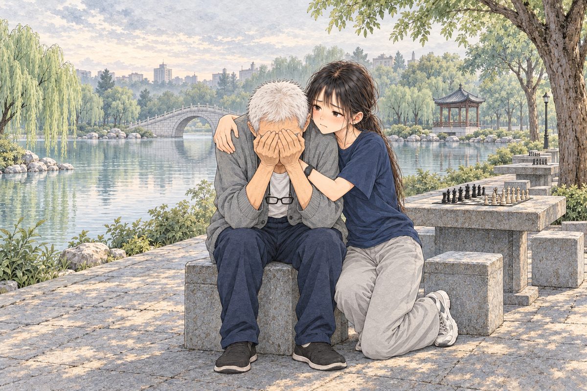 Same dawn, grey and pale. Grandpa is bowed forward on his stool, crying without sound, both hands over his face. Xiaoyu kneels beside him on the RIGHT with her arms round his shoulders. The people are solid and opaque. Two faces in the upper middle of the panel, his hidden in his hands. The grey stone and ground below are the quiet area.