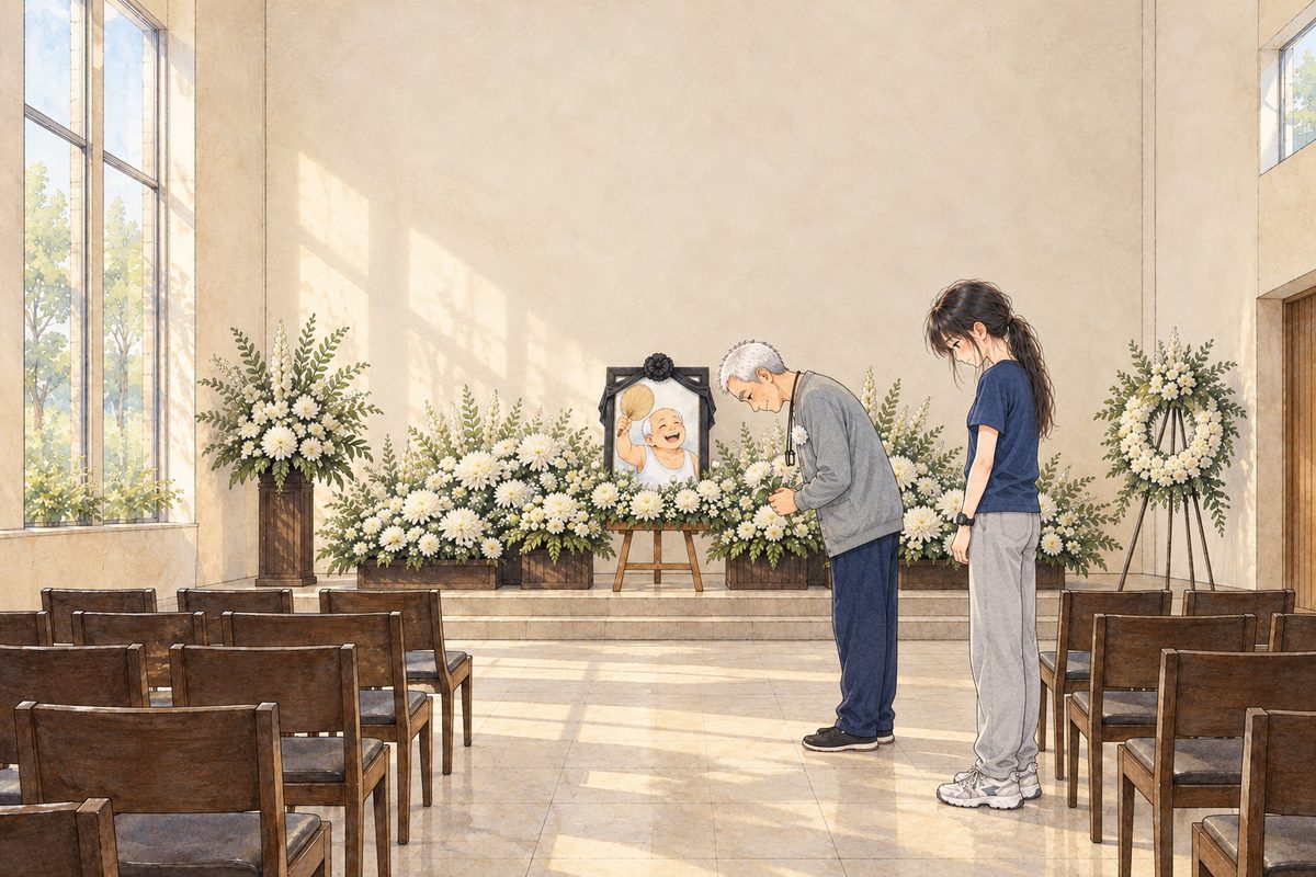 Friday 22 July, nine in the morning, soft white daylight from the high windows. The plain farewell hall: banks of white chrysanthemums, Uncle Wu's large framed portrait on an easel in the middle, laughing, his palm-leaf fan raised, a black cloth bow on top of the frame. Grandpa in his grey cardigan with a small white paper flower pinned on it stands at the front, bowing low, a single white chrysanthemum held in both hands. Xiaoyu stands a step behind him on the RIGHT, head bowed. No banners and no writing anywhere. Two faces, Grandpa's in profile, in the lower middle. The high cream wall above is the quiet area.