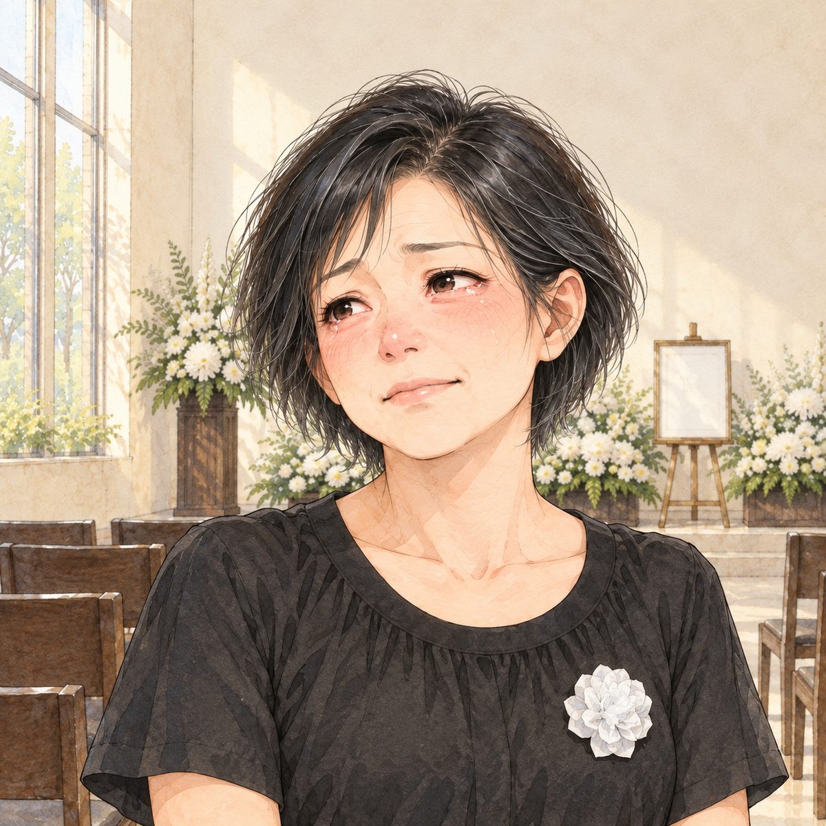 Same hall and light. Close on Wu Jing, red-eyed, a small white paper flower pinned on her black blouse, looking LEFT at Grandpa off panel. Her face in the middle of the panel. The pale wall behind is the quiet area.