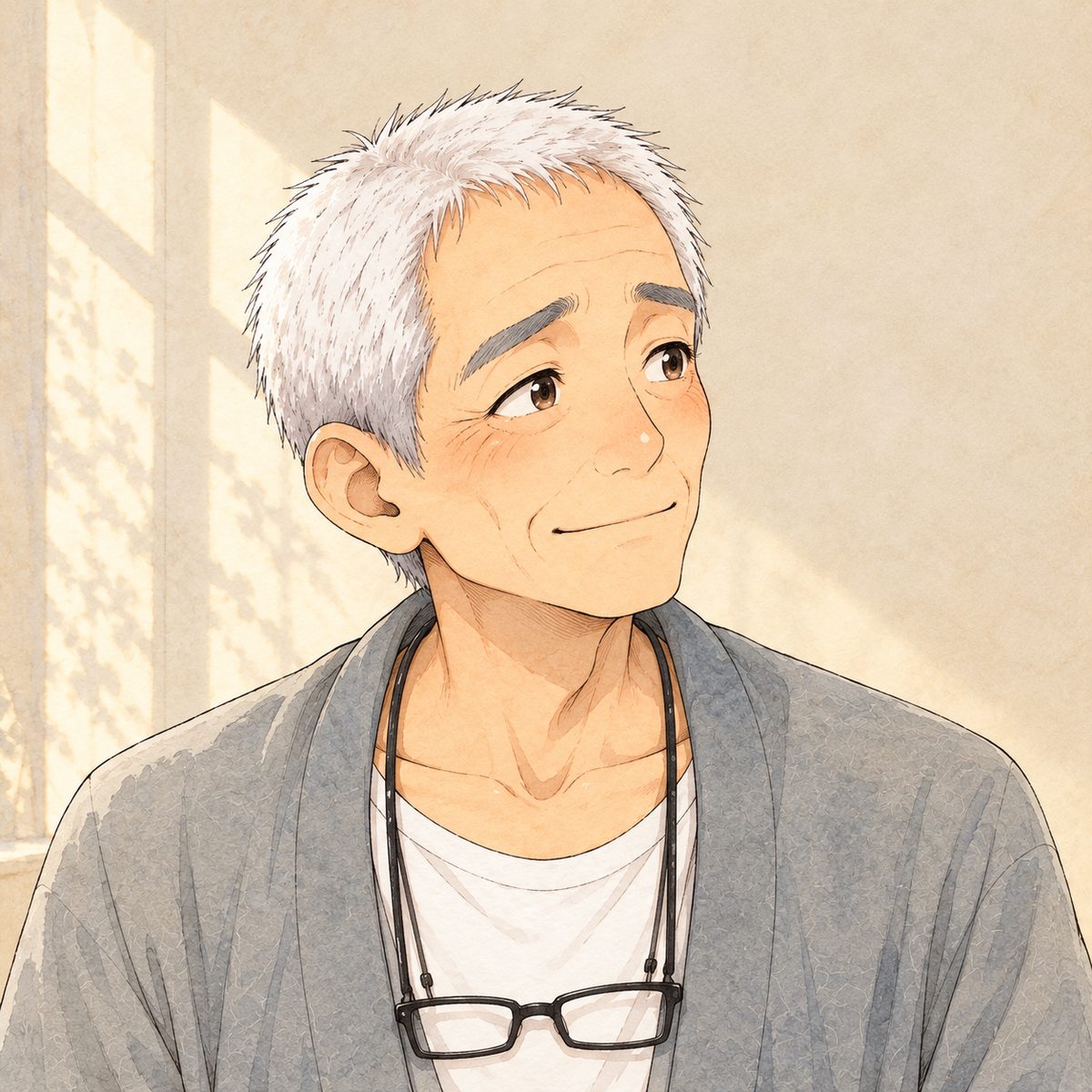 Same hall and light. Close on Grandpa, looking RIGHT at Wu Jing off panel (the opposite eyeline), a small sad smile. His face in the middle of the panel. The pale wall behind is the quiet area.