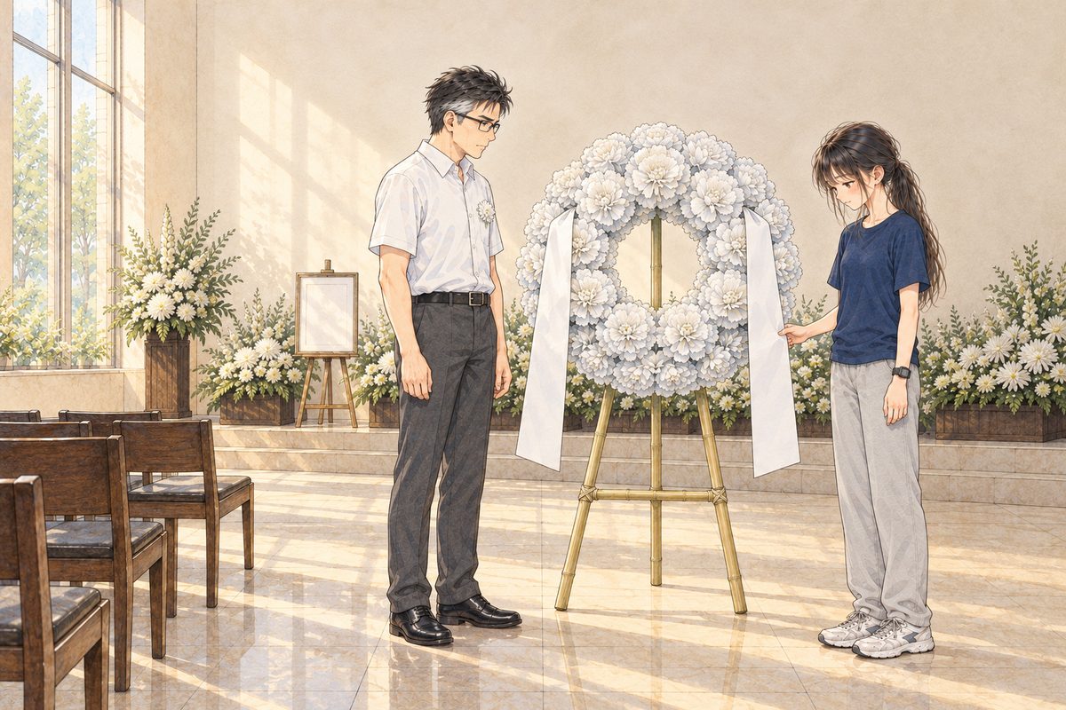 Same hall and light. A big round wreath of white paper flowers stands on a tall stand at the side of the hall, with two long plain white paper ribbons hanging down its sides, painted BLANK, the words lettered afterwards. Mr Chen, Haoran's father, in his white shirt with a small white paper flower, stands at the LEFT of the wreath looking at it; Xiaoyu stands at the RIGHT looking at the ribbons. Two faces in the middle band. The cream wall above is the quiet area.