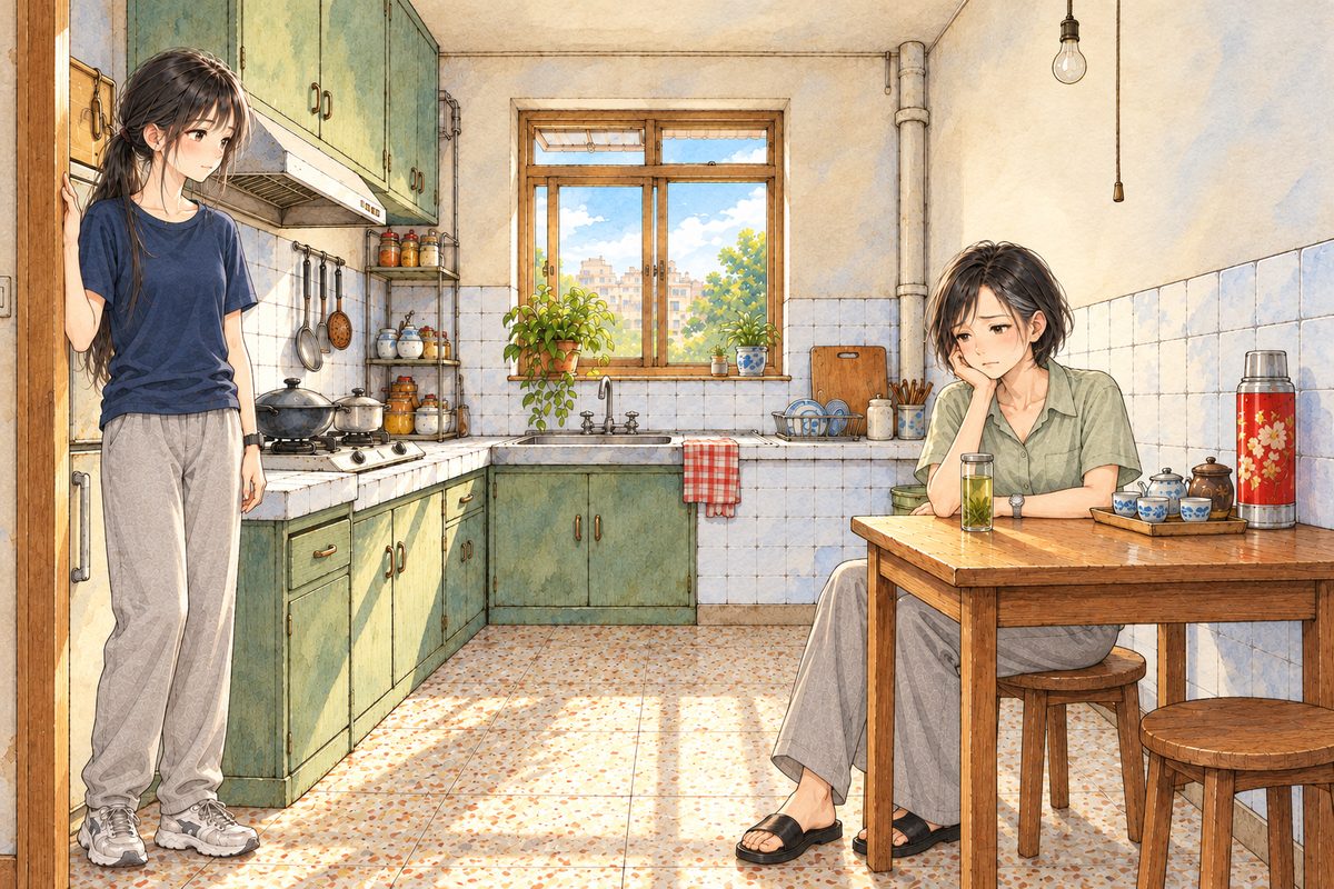 Saturday 23 July, eight in the morning, bright sun through the small kitchen window. Mama, in her pale sage-green blouse, sits at the small square table on the RIGHT with a glass of tea in front of her, tired. Xiaoyu stands in the kitchen doorway on the LEFT, one hand on the door frame. Two faces in the middle band. The wall above is the quiet area.