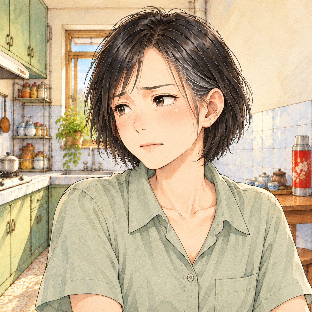 Same morning light. Close on Mama, firm and tired, looking LEFT at Xiaoyu off panel. Her face in the middle of the panel. The kitchen wall behind is the quiet area.