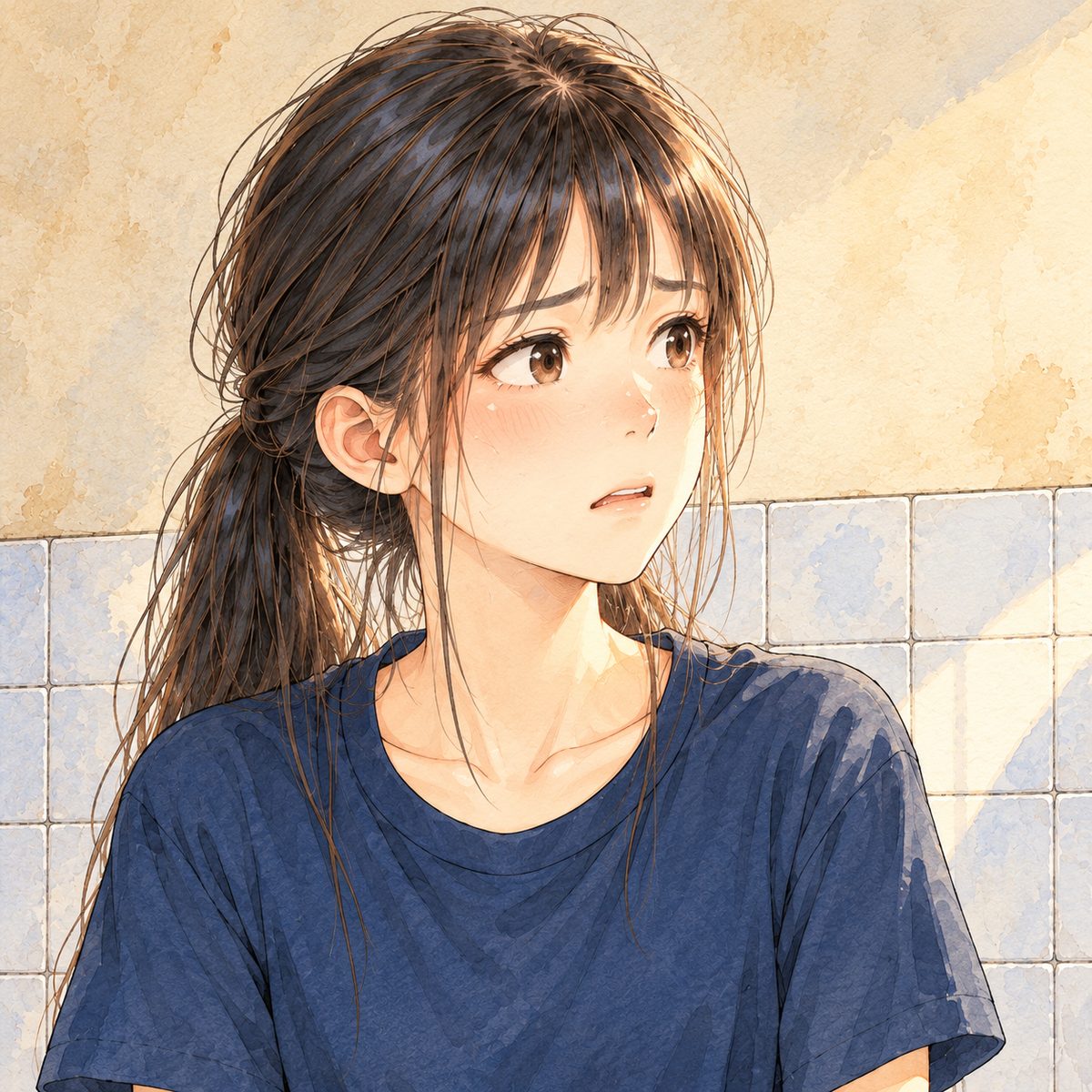 Same morning light. Close on Xiaoyu, looking RIGHT at Mama off panel (the opposite eyeline), worried. Her face in the middle of the panel. The kitchen wall behind is the quiet area.