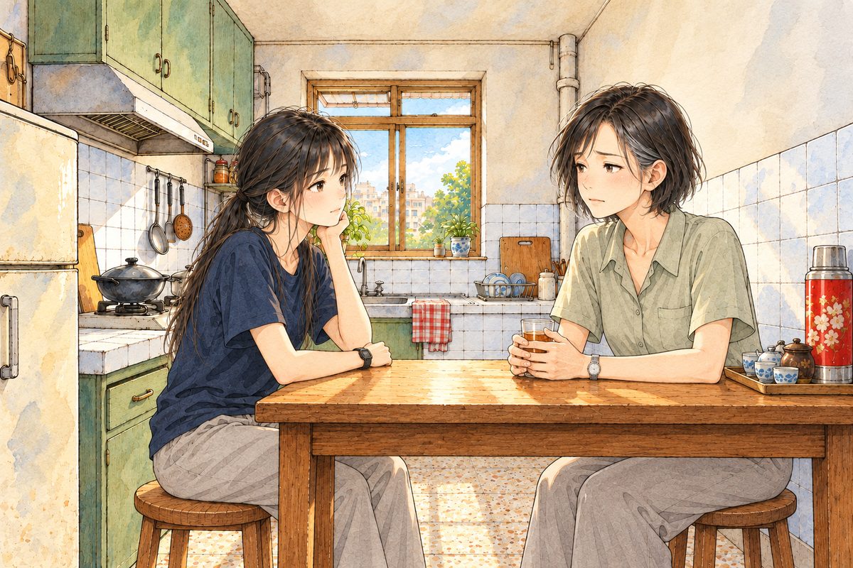 Same morning light. Xiaoyu has sat down at the small square table on the LEFT; Mama sits across from her on the RIGHT, her hands round her tea glass. Two faces in the upper middle of the panel. The table and the sunlit wall below are the quiet area.