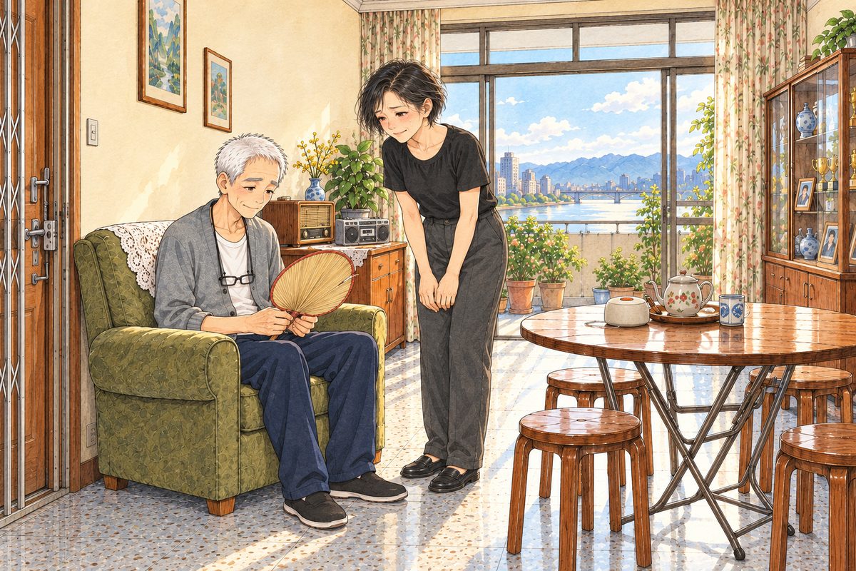 Saturday 23 July, three in the afternoon, hot hazy light through the balcony glass doors, the electric fan turning. Grandpa in his grey cardigan sits in the olive armchair on the LEFT, already holding Uncle Wu's palm-leaf fan in both hands on his lap. Wu Jing, in her black blouse and dark grey trousers, stands beside the armchair on the RIGHT, her hands now empty, bending a little towards him. The silver tape player stands on the side table by the armchair; Lantern stands dull and off on the round table in the middle. The people are solid and opaque; reflections only on empty glass. Two faces in the middle band. The wall above is the quiet area.