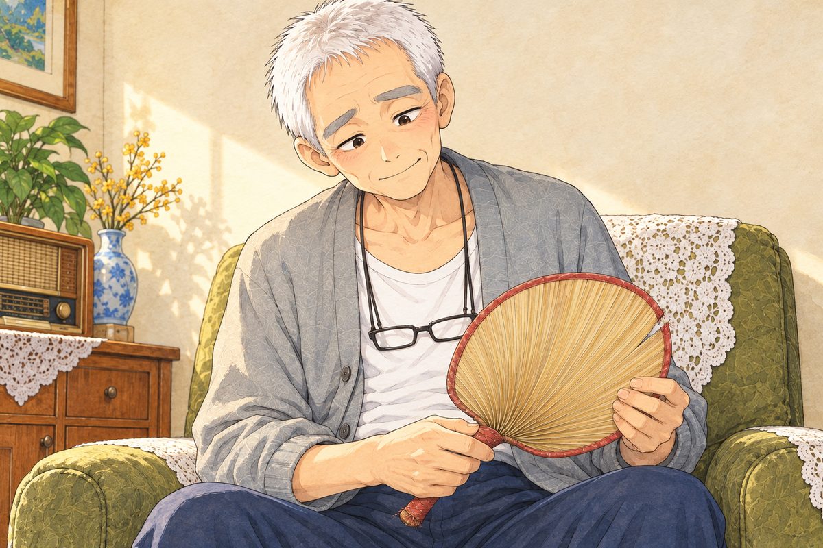 Same hot afternoon. Close on Grandpa smiling down at the fan in his lap, fond and puzzled. His face in the middle of the panel. The wall behind is the quiet area.