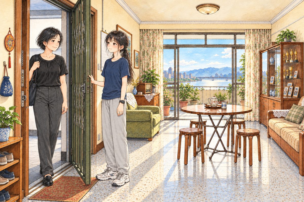 Same afternoon. At the front door in the LEFT wall of the flat, Wu Jing stands outside the open dark green metal gate on the landing side at the LEFT, leaving; Xiaoyu stands inside on the RIGHT holding the gate, polite and elsewhere. The blue chess bag hangs on its hook beside the gate. Two faces in the middle band. The wall above is the quiet area.