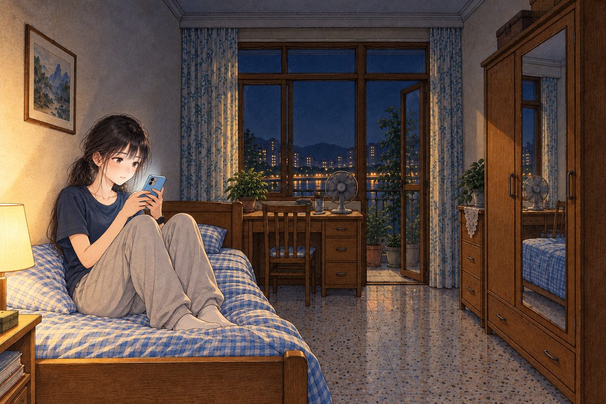 Saturday night, ten o'clock, only the bedside lamp. Xiaoyu sits on her bed against the wall in her navy t-shirt, her sky-blue phone in both hands the ordinary way, thumbs on the screen. We see only the BACK of the phone and its glow on her face. Her face in the middle band; the dark wall above is the quiet area. Her black watch on her LEFT wrist.