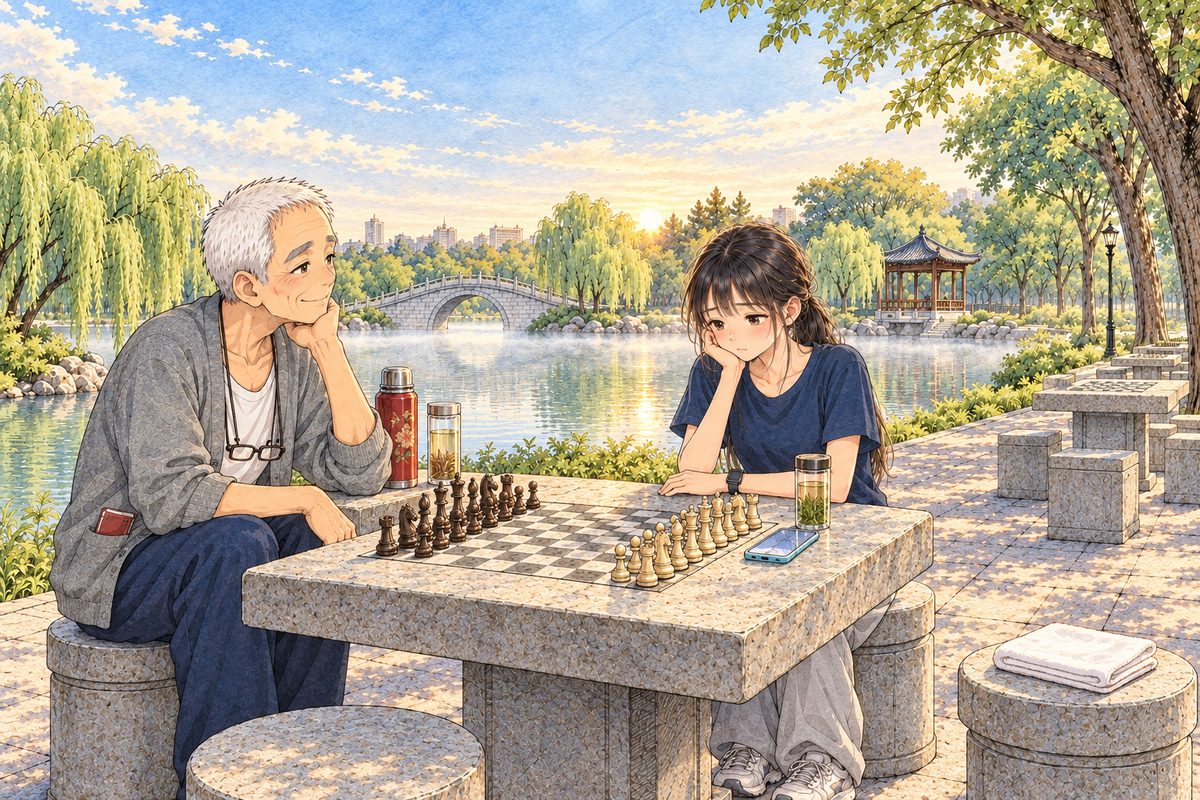 Sunday 24 July, six in the morning, the sun low and gold through the willow, mist lifting off the lake. The chessboard is carved into the stone table top, the pieces set out. Grandpa sits on his stool on the LEFT, facing RIGHT. Xiaoyu sits on the far stool facing us, her sky-blue phone lying flat on the stone by her RIGHT hand. Wu's stool with the folded white cloth stands at the RIGHT. Two faces in the middle band; the willow and sky above are the quiet area.