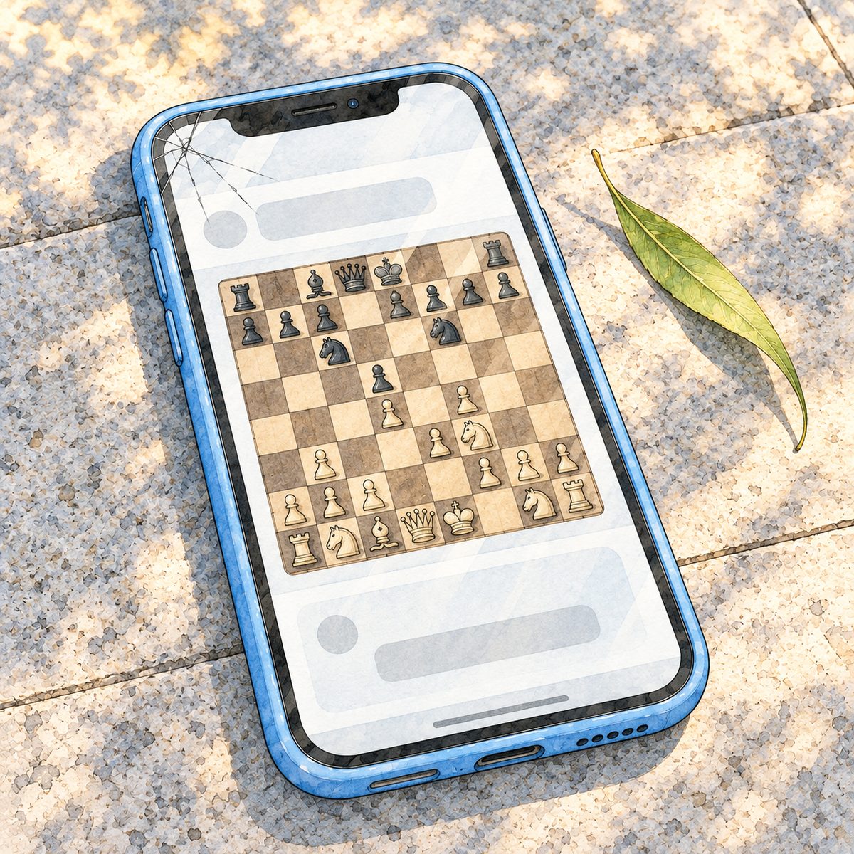 Sunday morning, low gold light. Close on Xiaoyu's sky-blue phone lying screen-up on the pale-grey stone, its screen filling the panel and showing a small picture of a chessboard with pieces, painted with NO letters, NO numbers and NO buttons with words. A willow leaf lies on the stone beside it. No people. The stone around is quiet.
