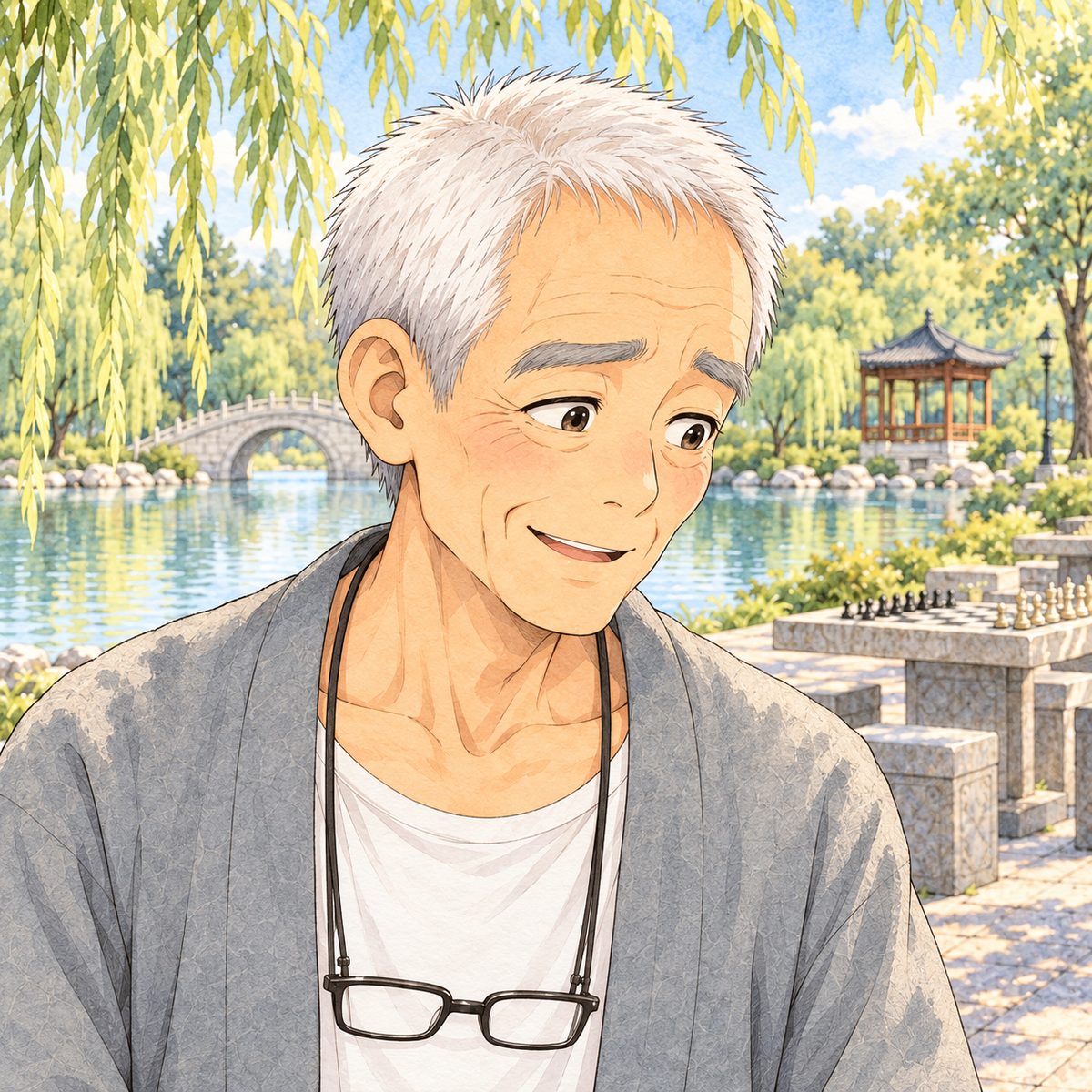 Same low gold light. Close on Grandpa, delighted and doubtful, looking RIGHT and down at the phone off panel. His face in the middle of the panel; the willow behind is the quiet area.