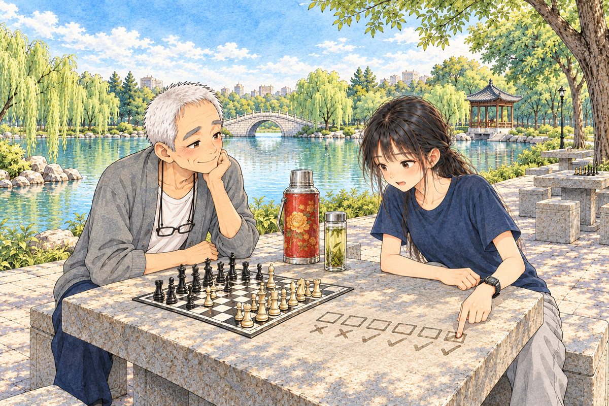 Same morning, bright now. Xiaoyu on the far stool on the RIGHT has dipped her RIGHT forefinger in the tea and drawn on the bare pale-grey stone beside the board, in wet dark marks, a row of six small squares, like six tiny games; under the first two squares a wet cross, under the next four a wet tick, so the ticks grow as the row goes on. Her fingertip rests by the last tick. Grandpa on his stool on the LEFT leans over to look, amused. The marks are only squares, crosses and ticks, NO letters and NO numbers. Two faces low in the lower middle of the panel. The willow and bright sky above are the quiet area for the box.