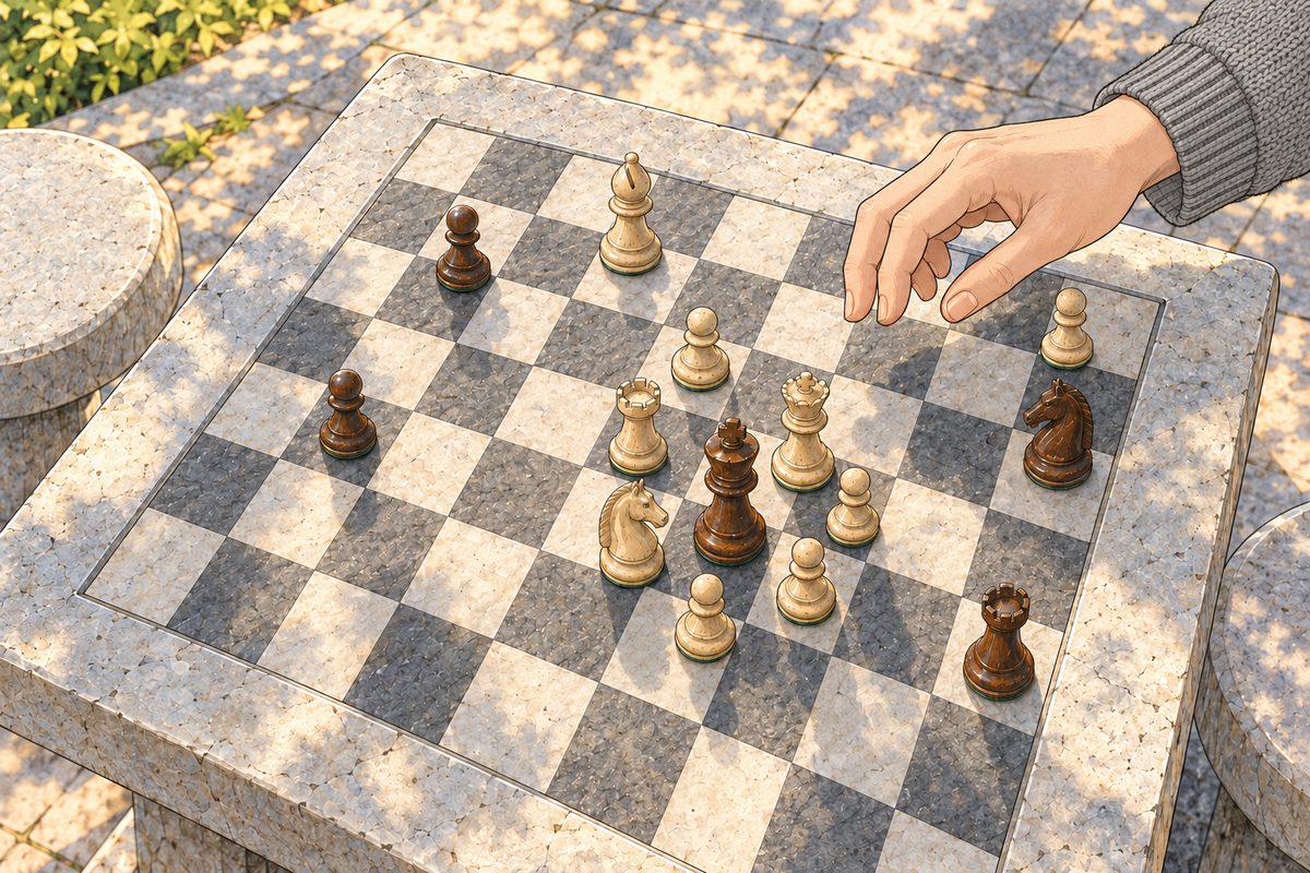 Same gold light. Close from above on the carved board: the dark brown king near Grandpa's edge is hemmed in on every side by cream pieces. Grandpa's RIGHT hand hovers above the board, unsure, a smooth simple manga hand with his cardigan cuff. No letters on the stone edge. No face.